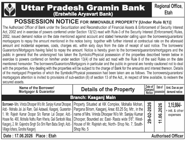 Legal Notice: Uttar Pradesh Gramin Bank Possession Notice Against Vrinda Dhooper