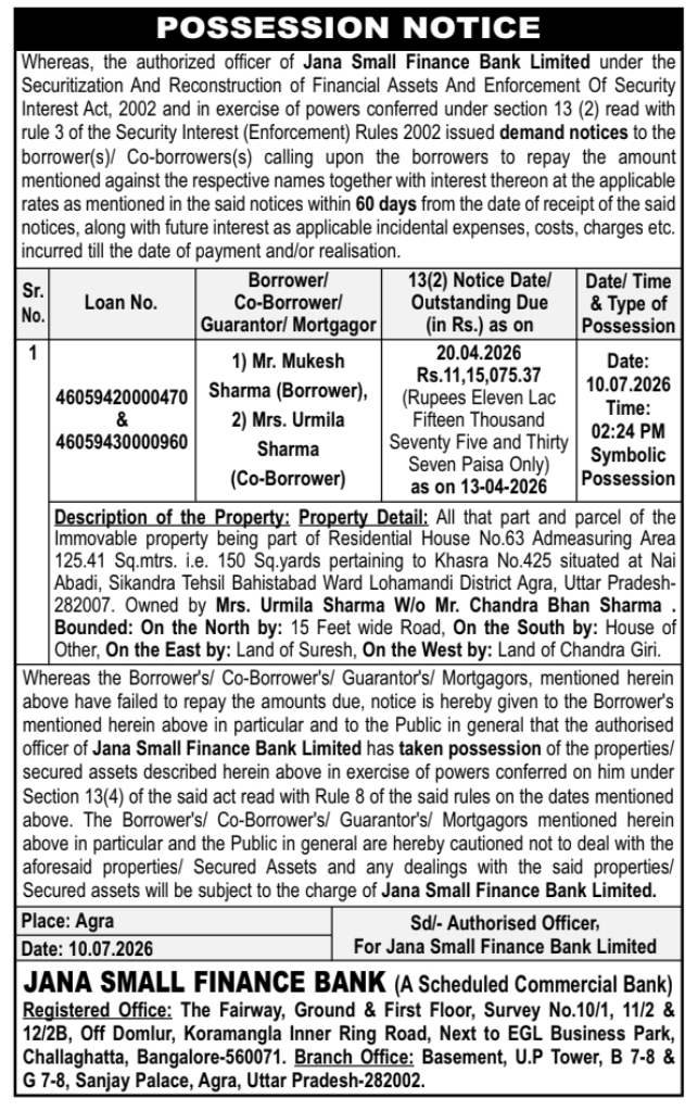 Legal Possession Notice: Jana Small Finance Bank Ltd.