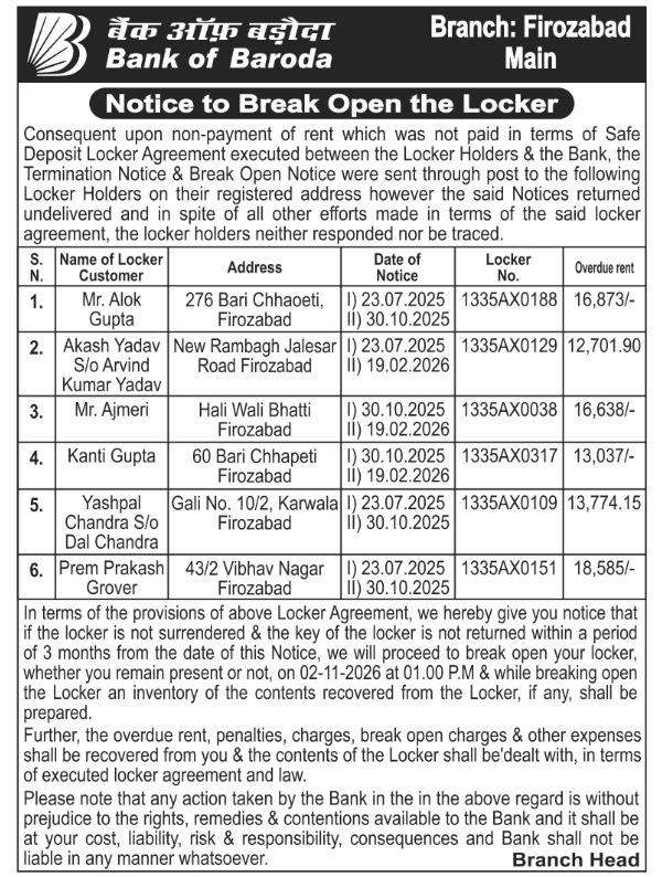 Legal Public Notice to Break Open Safe Deposit Lockers