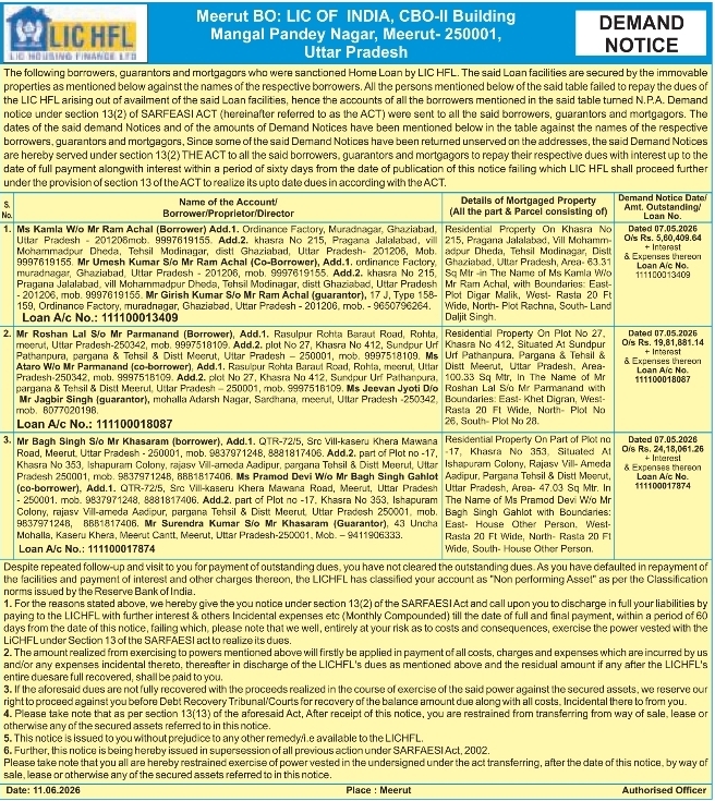 LIC HFL Meerut SARFAESI Demand Notice