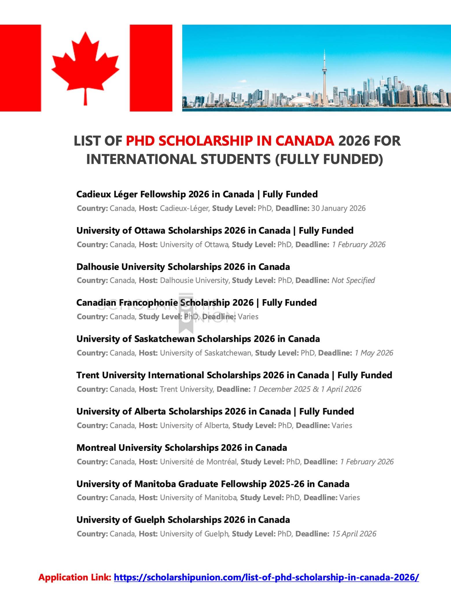 List of PhD Scholarship in Canada 2026