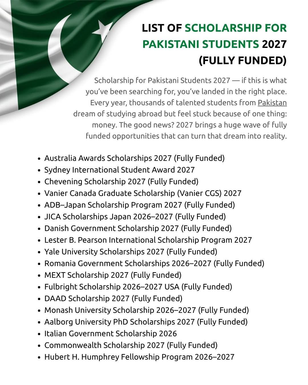 List Of Scholarship For Pakistani Students 2027