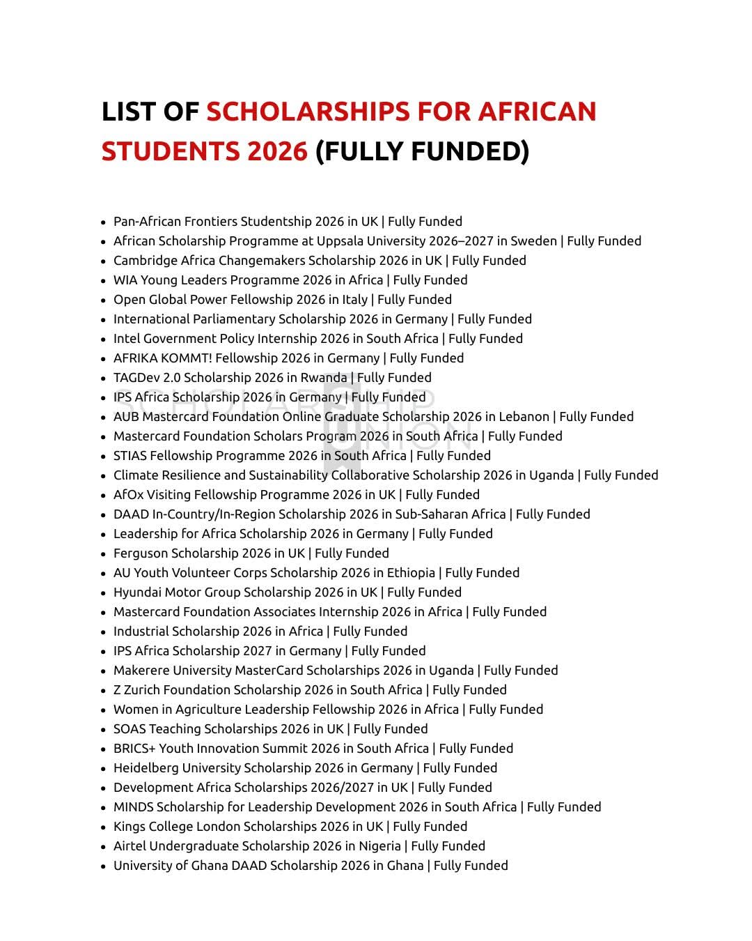 List of Scholarships For African Students 2026