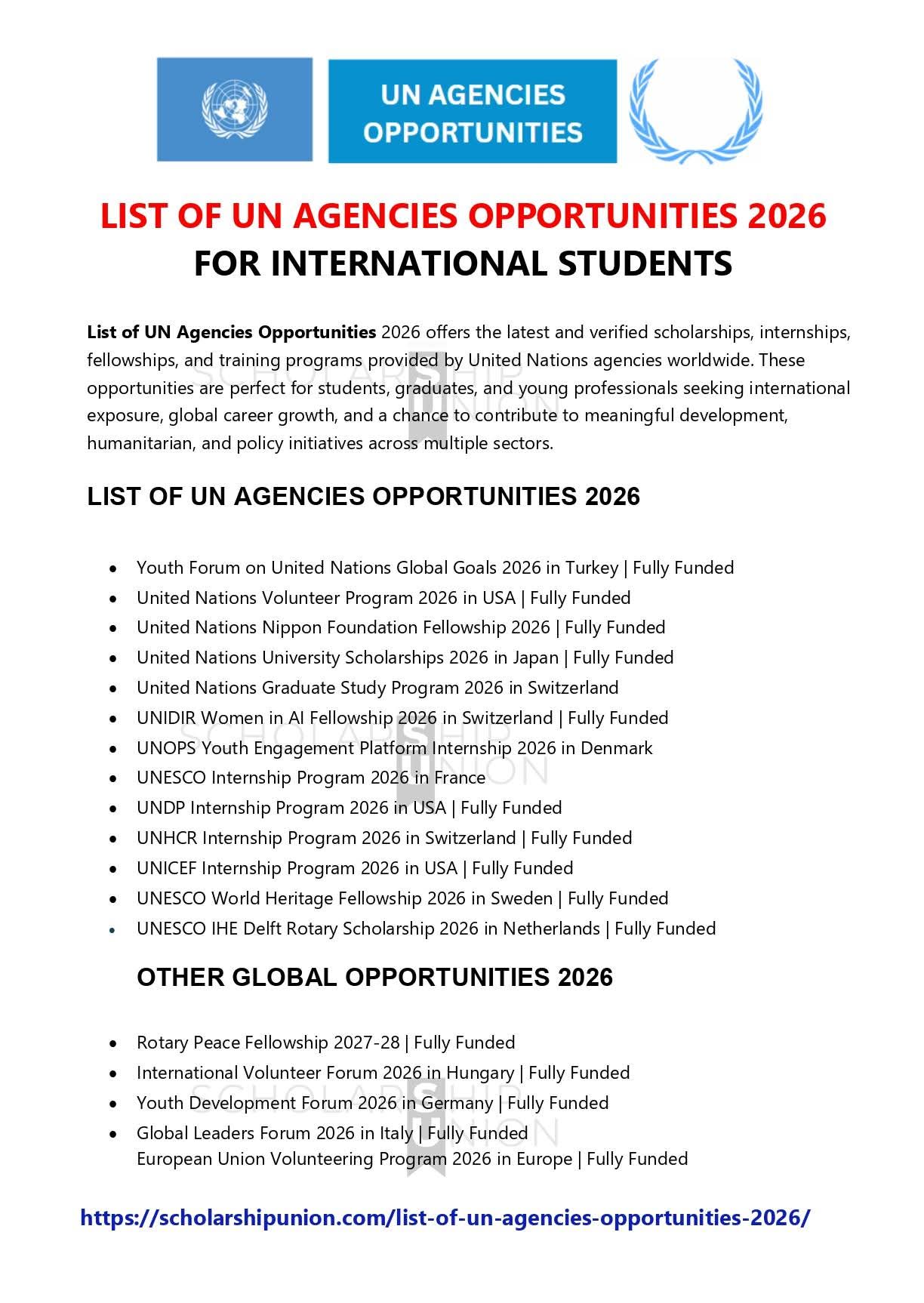List Of UN Agencies Opportunities 2026
