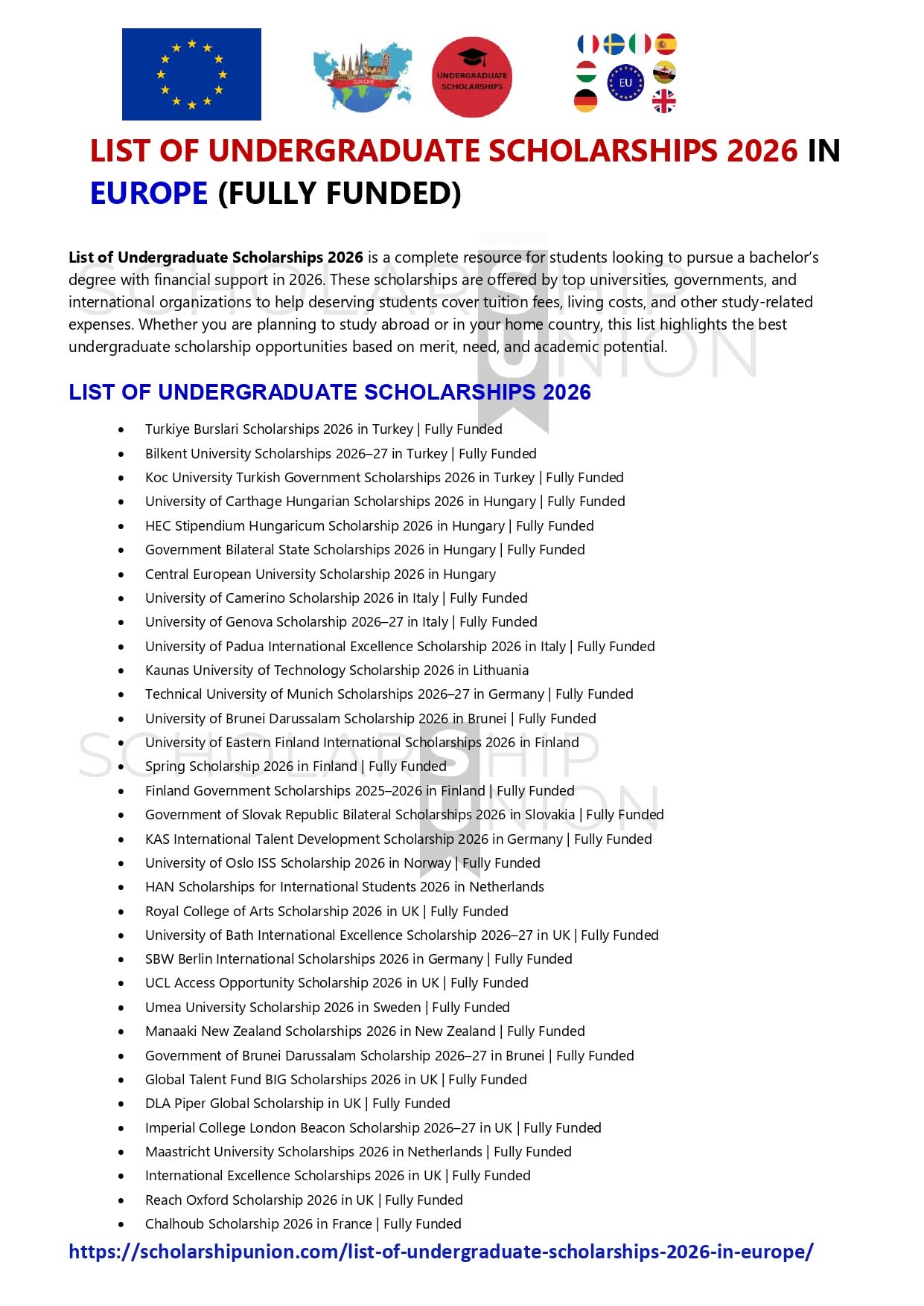 LIST OF UNDERGRADUATE SCHOLARSHIPS 2026 IN EUROPE | FULLY FUNDED
