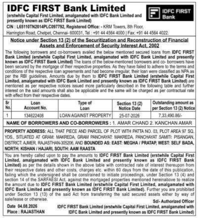 Loan Against Property Demand Notice in Ajmer