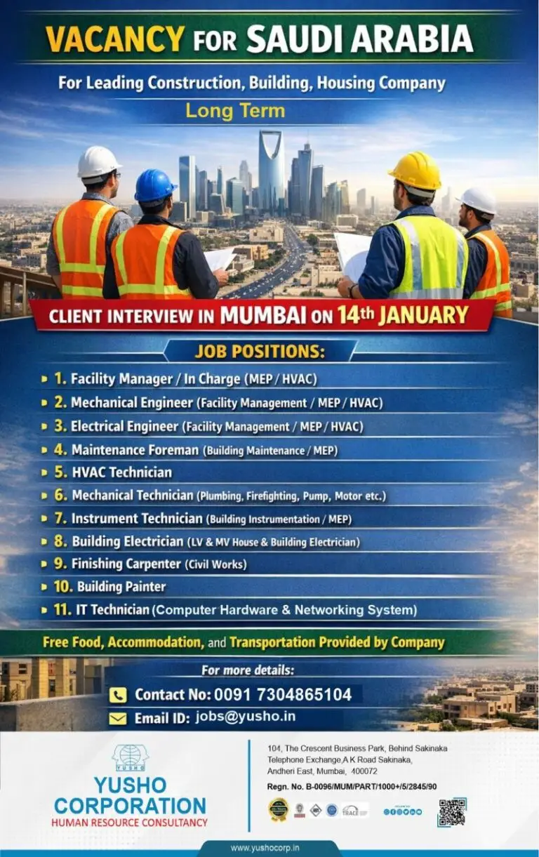 LONG-TERM JOB VACANCIES IN SAUDI ARABIA – LEADING CONSTRUCTION & BUILDING COMPANY