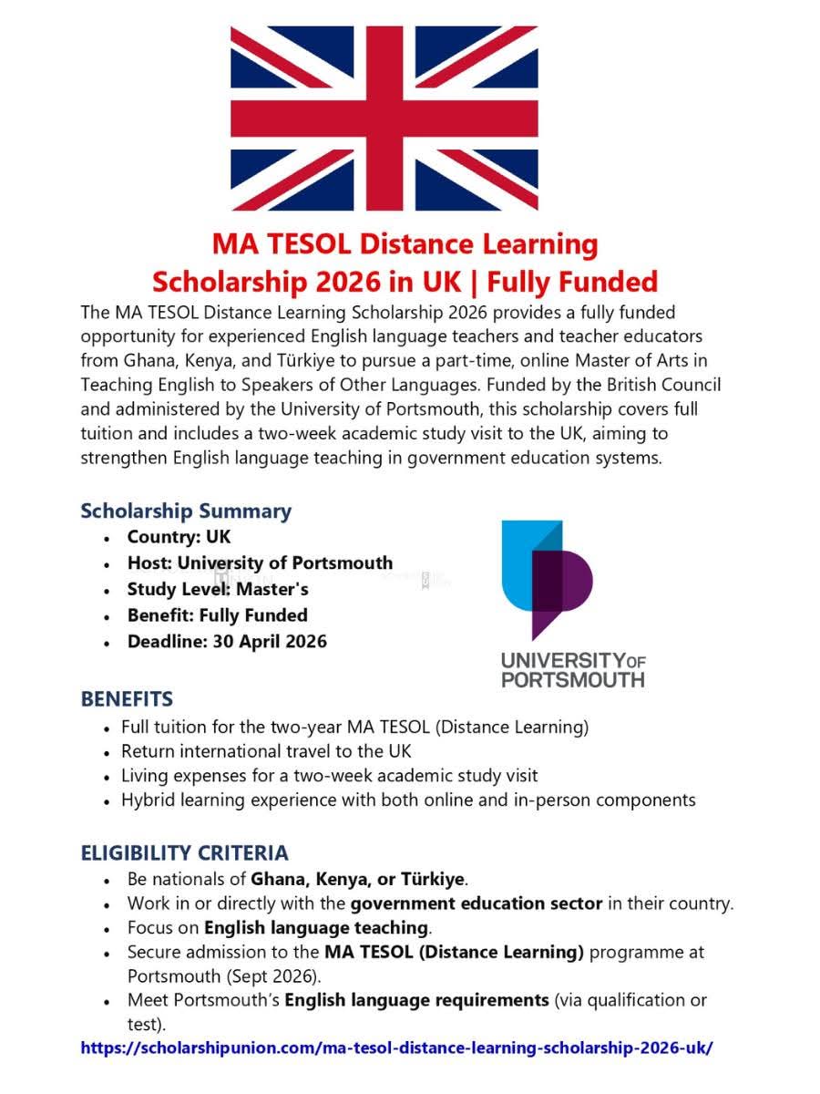 MA TESOL Distance Learning Scholarship 2026 in UK