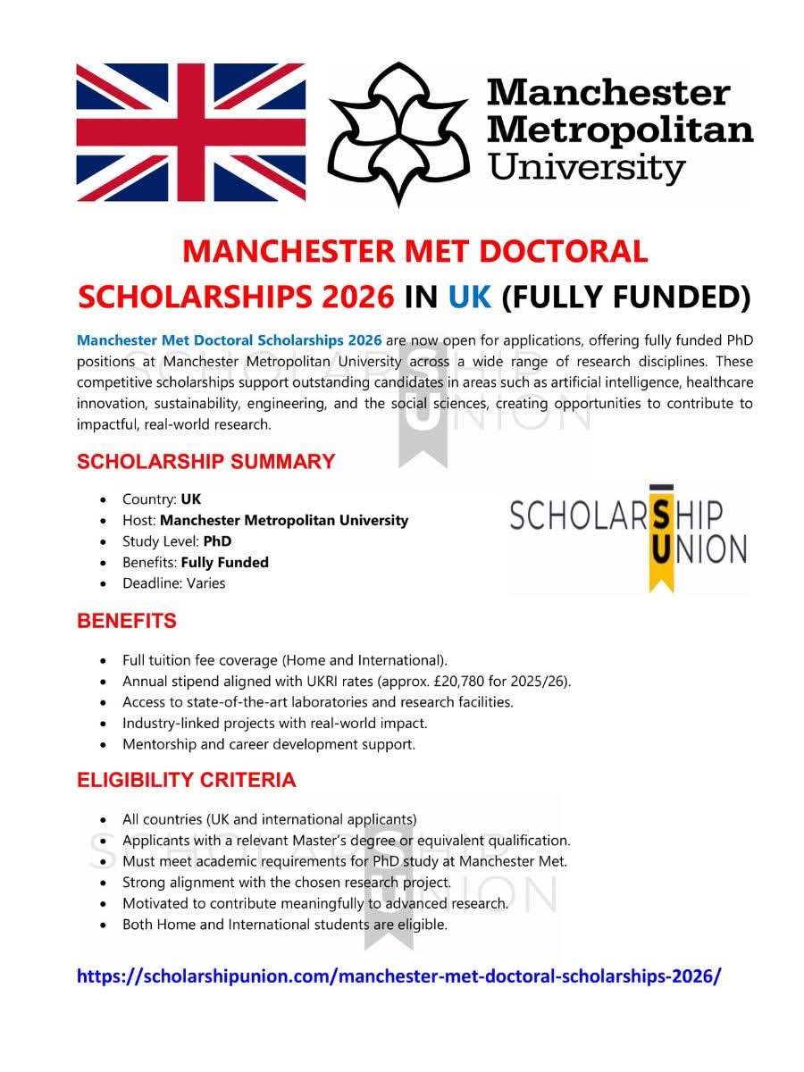 Manchester Met Doctoral Scholarships 2026 In UK