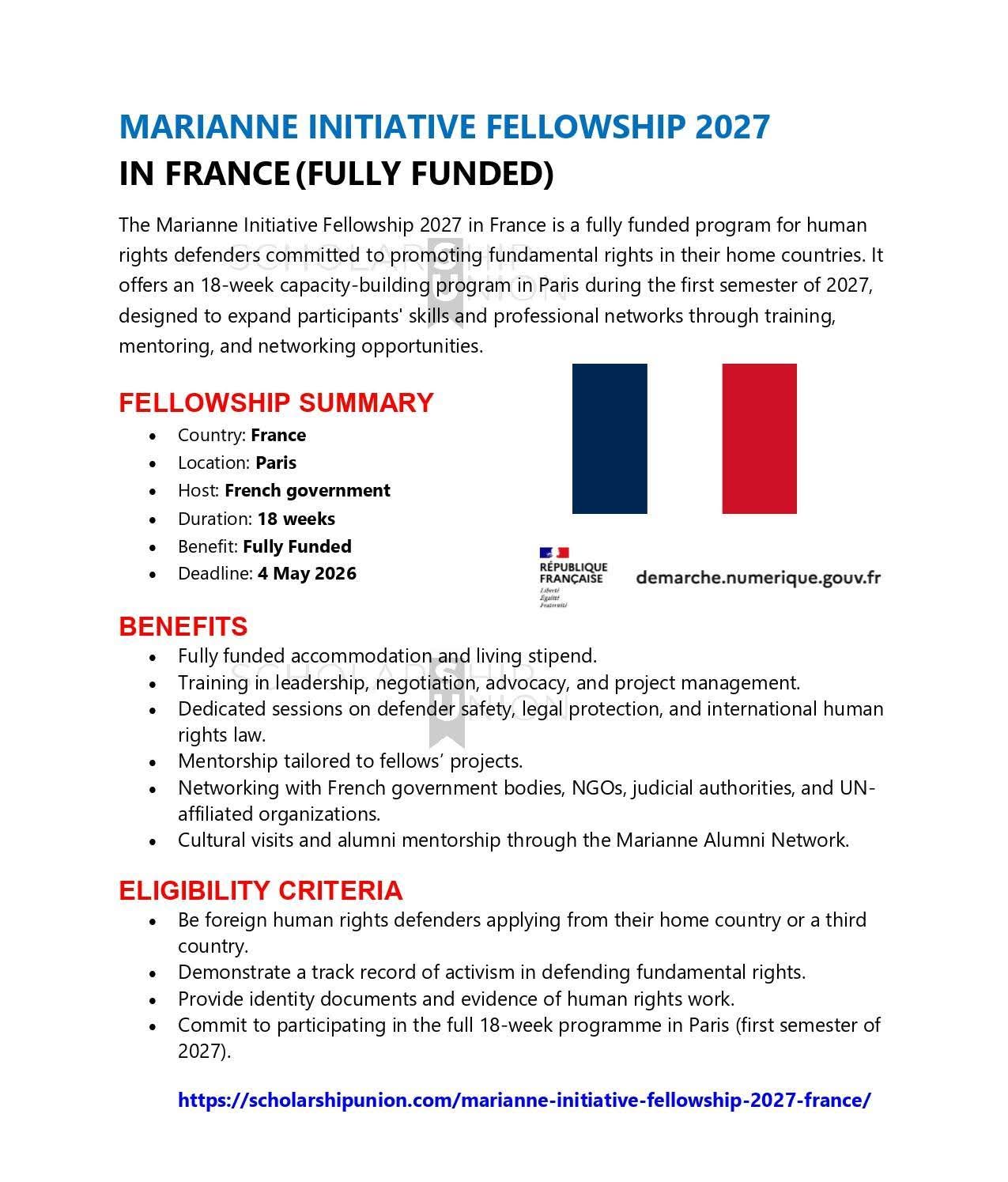 Marianne Initiative Fellowship 2027 in France