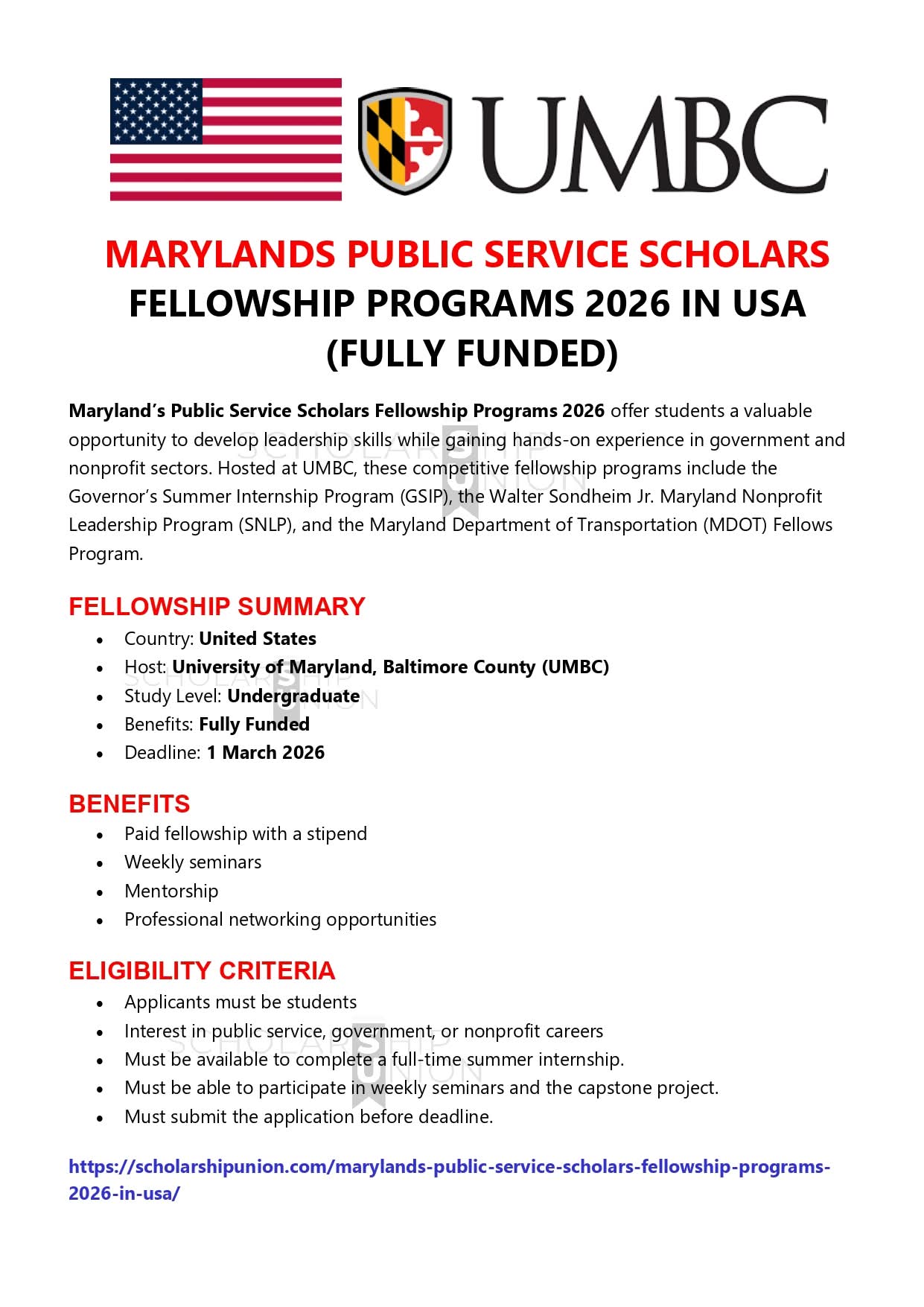 Maryland's Public Service Scholars Fellowship Programs 2026 In USA