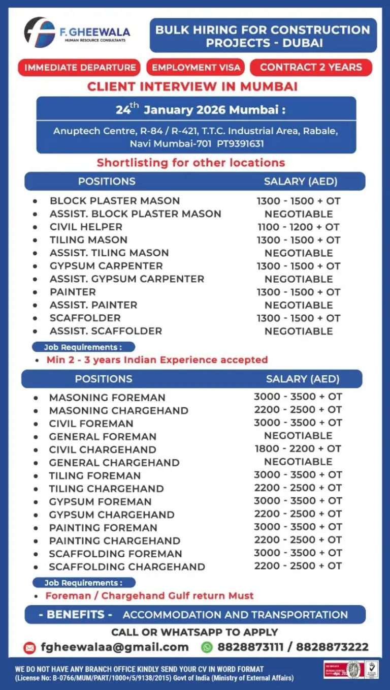 MASSIVE RECRUITMENT: CONSTRUCTION PROJECTS – DUBAI
