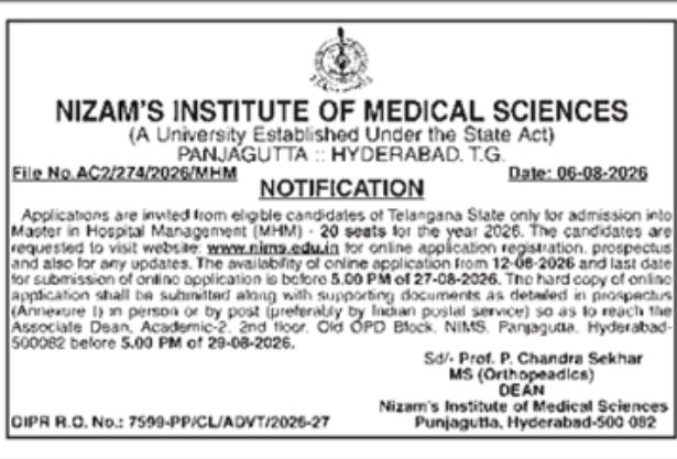 Master in Hospital Management Admission Notice 2026 by NIMS Hyderabad