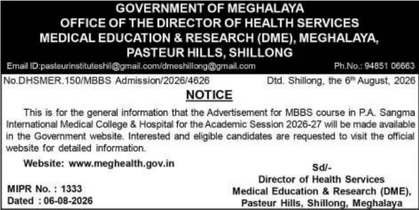 MBBS Admission Notification 2026-27 by Directorate of Health Services
