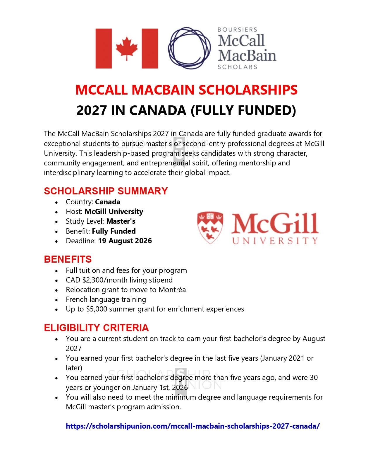 McCall MacBain Scholarships 2027 in Canada