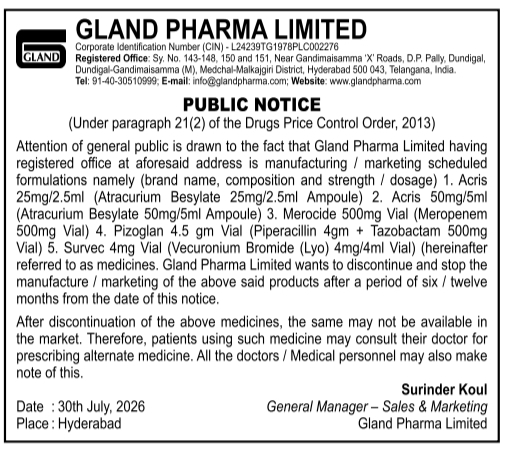 Medicine Discontinuation Regulatory Public Notice by Gland Pharma