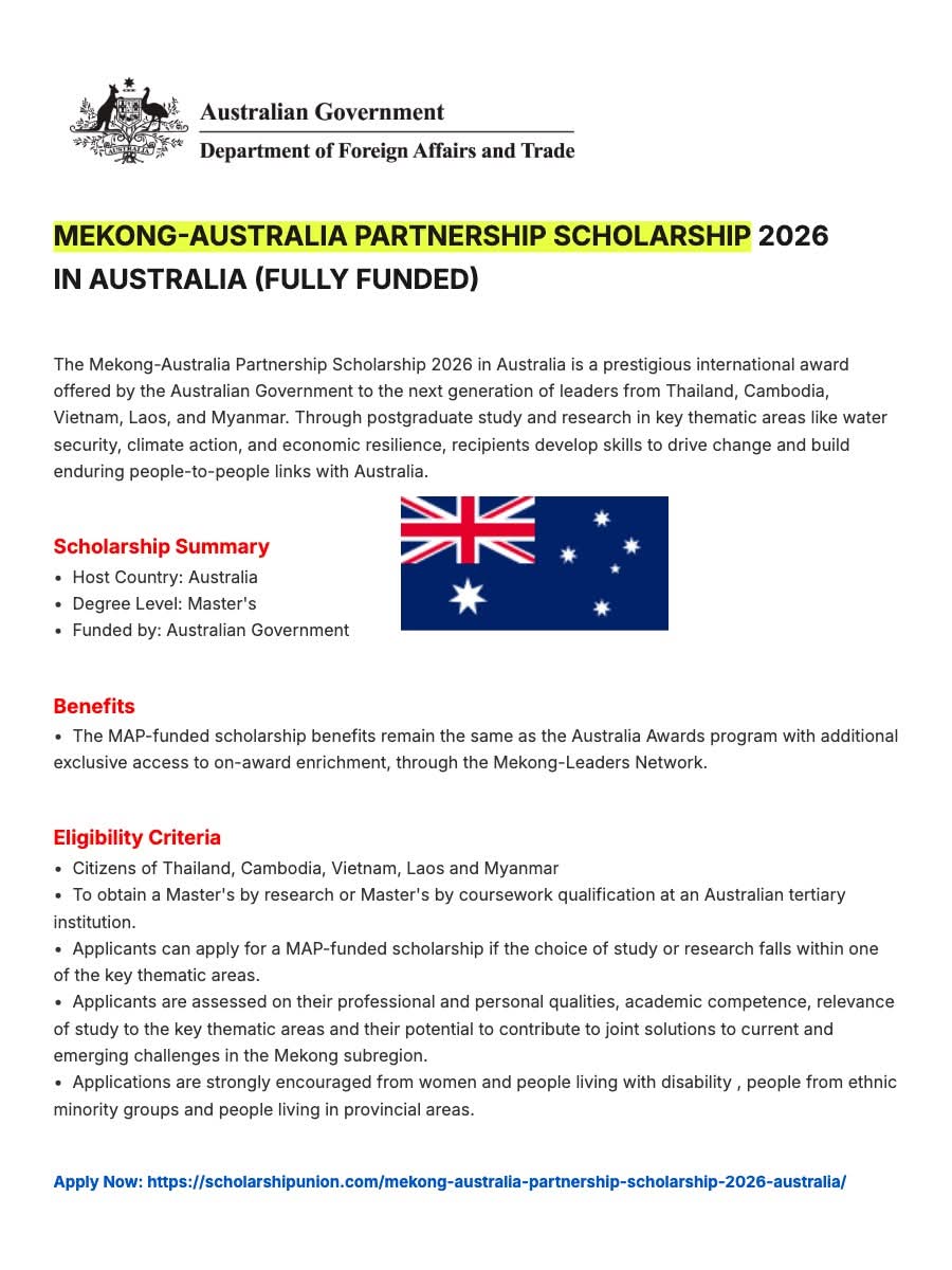 Mekong-Australia Partnership Scholarship 2026 in Australia
