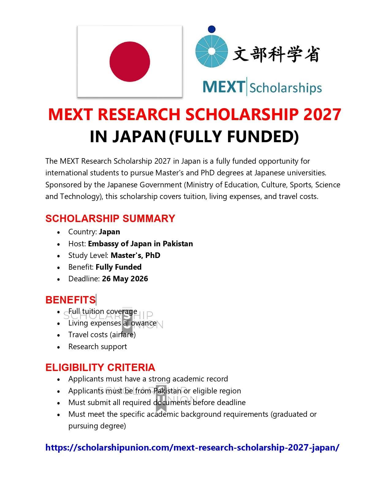 MEXT Research Scholarship 2027 in Japan