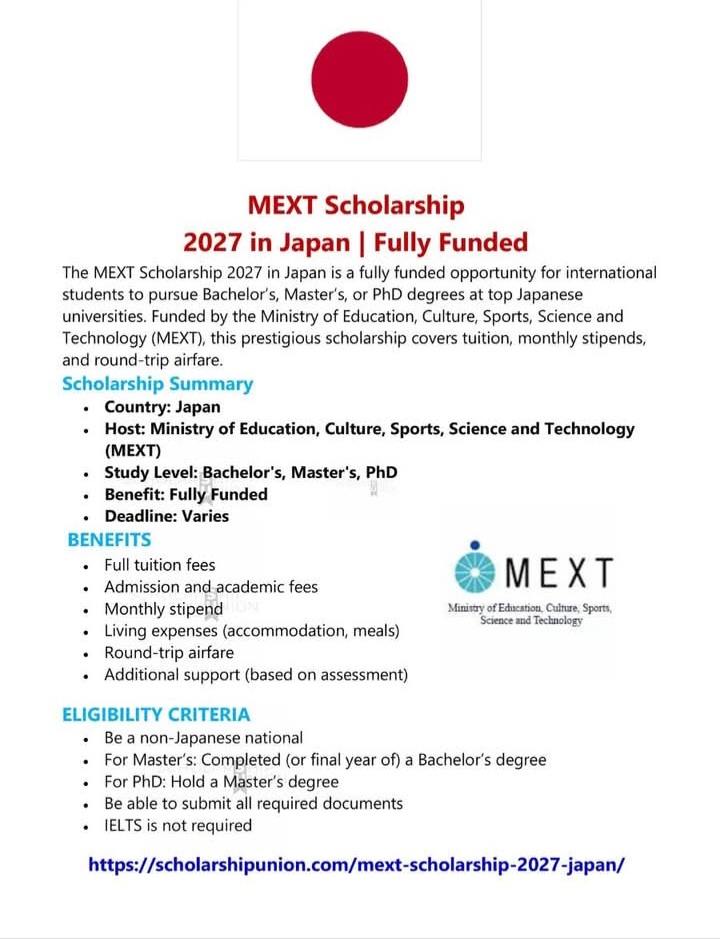 MEXT Scholarship 2027 in Japan