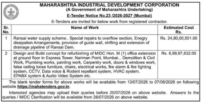 MIDC E-Tender Notice: Water Supply Scheme & Office Refurbishment