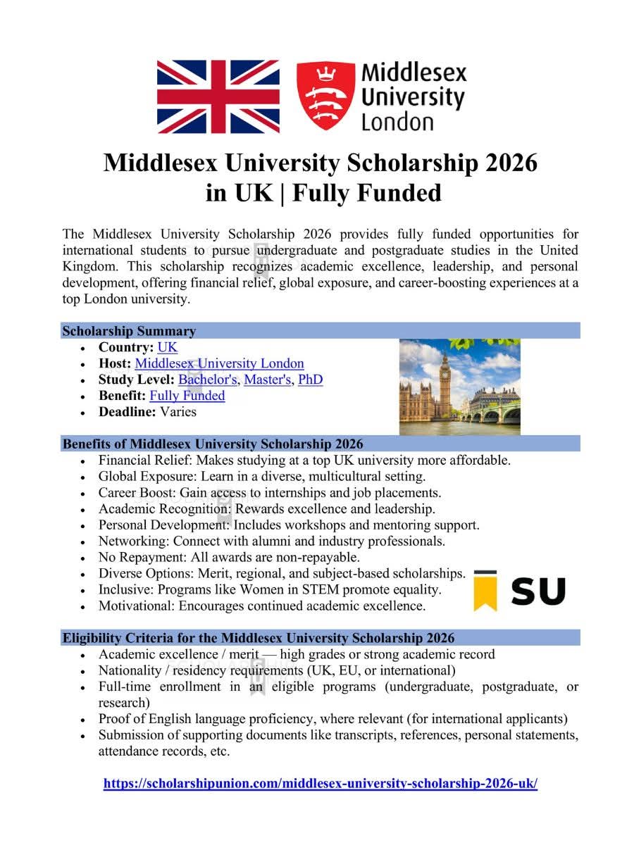 Middlesex University International Scholarship 2026 in UK