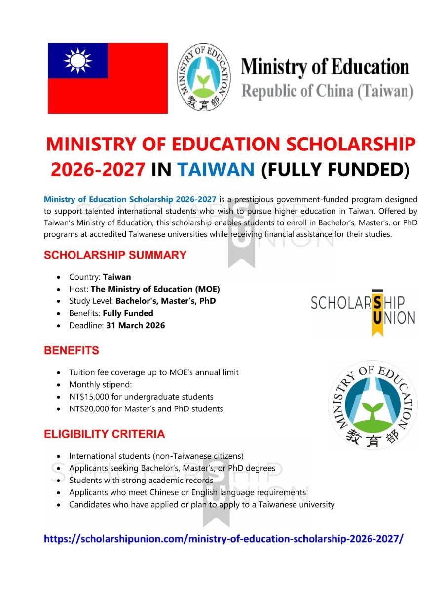 Ministry Of Education Scholarship 2026–2027 in Taiwan