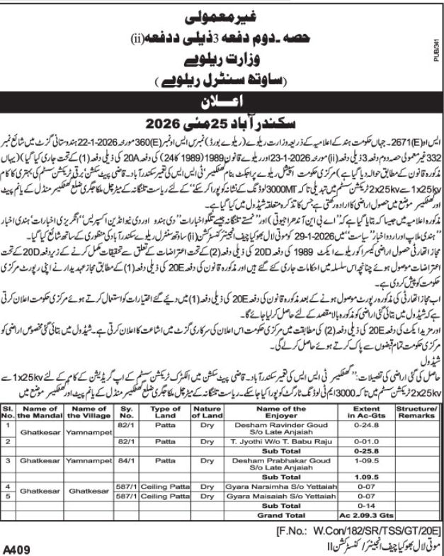 Ministry of Railways South Central Railway Ghatkesar Land Acquisition Gazette