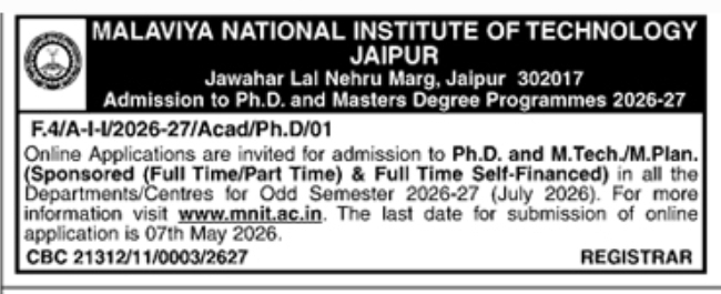 MNIT Jaipur Ph.D. and Masters Admission Notice 2026-27