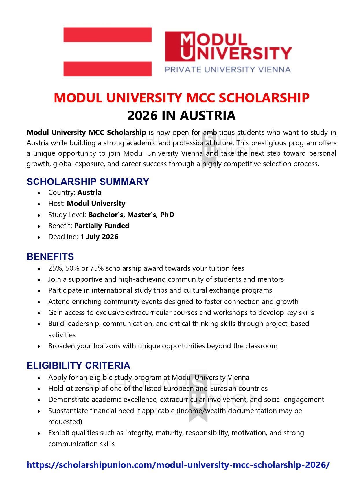 Modul University MCC Scholarship 2026 in Austria