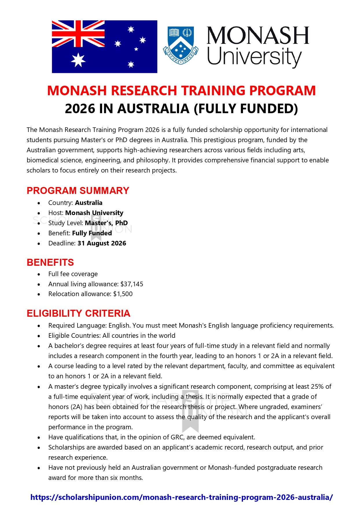 Monash Research Training Program 2026 in Australia