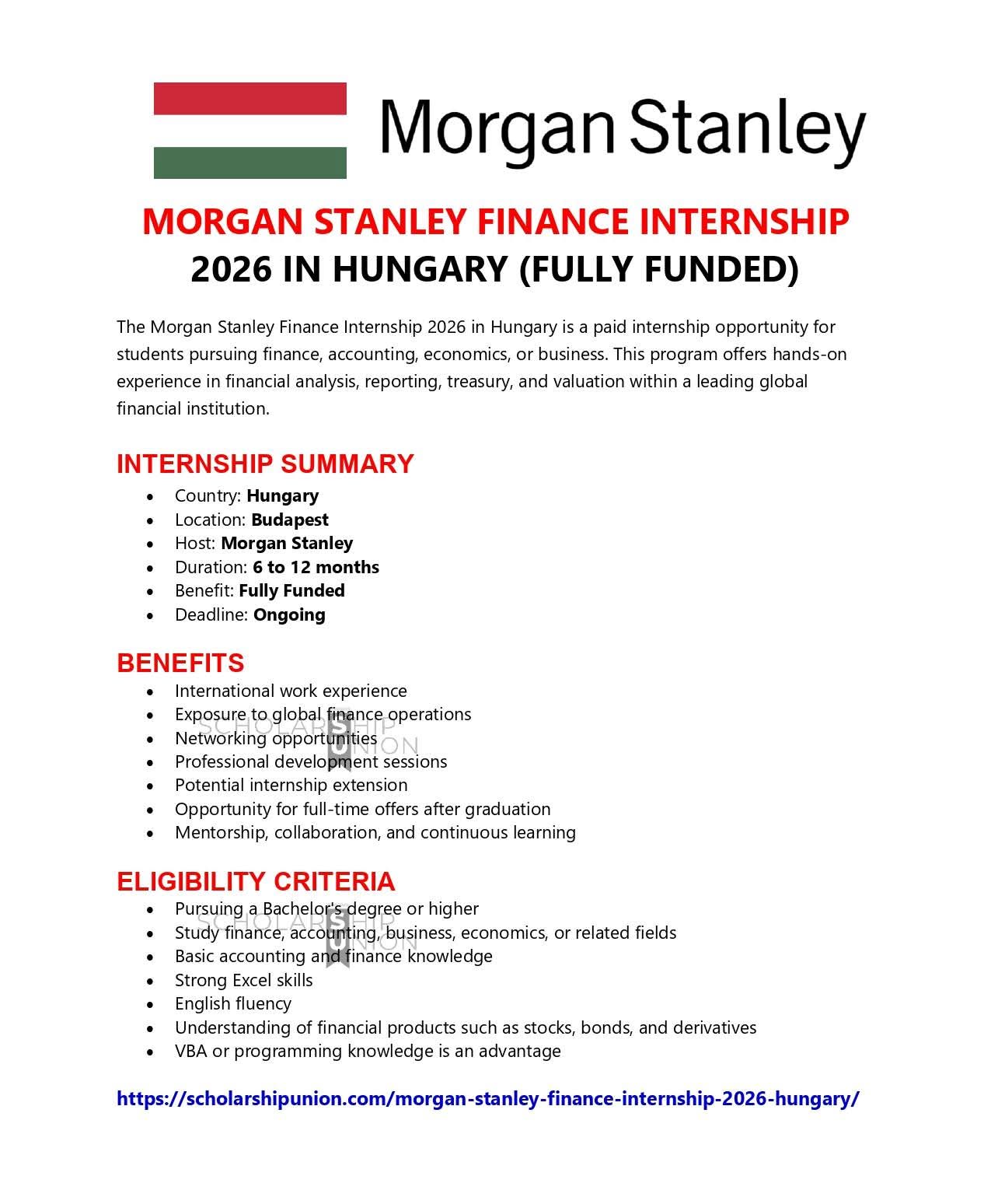 Morgan Stanley Finance Internship 2026 in Hungary