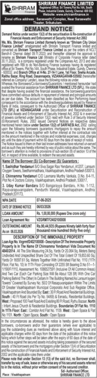 Mortgage Demand Notice by Shriram Finance Limited