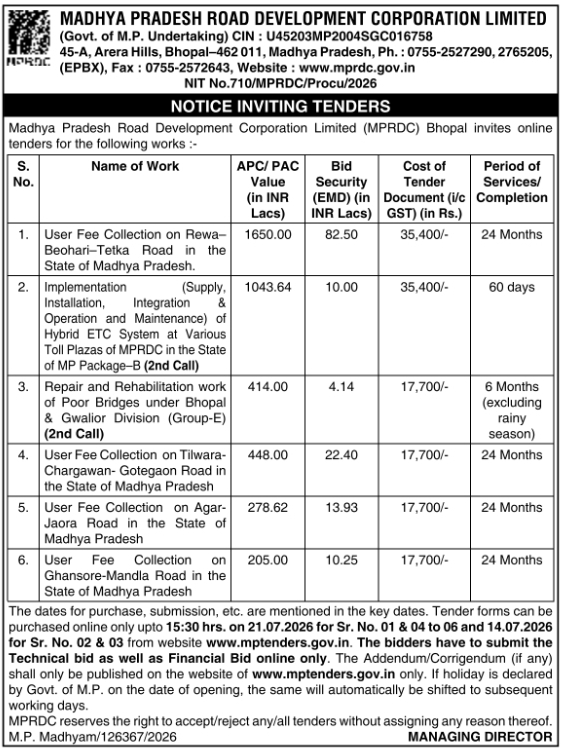 MPRDC: Road Infrastructure and Fee Collection Tenders