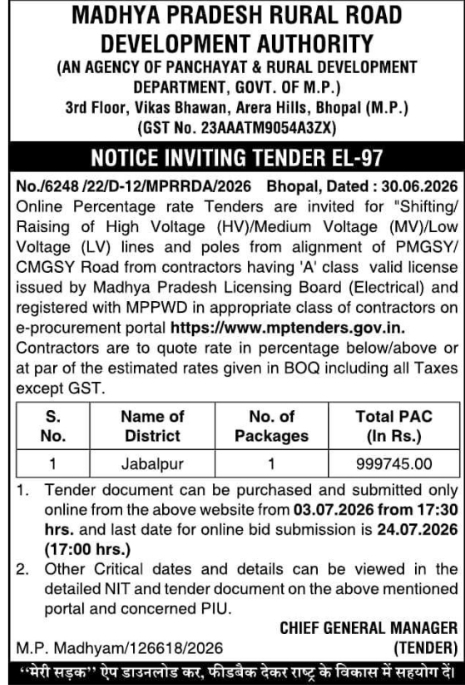MPRRDA Tender Notice: Electrical Lines Shifting in Jabalpur