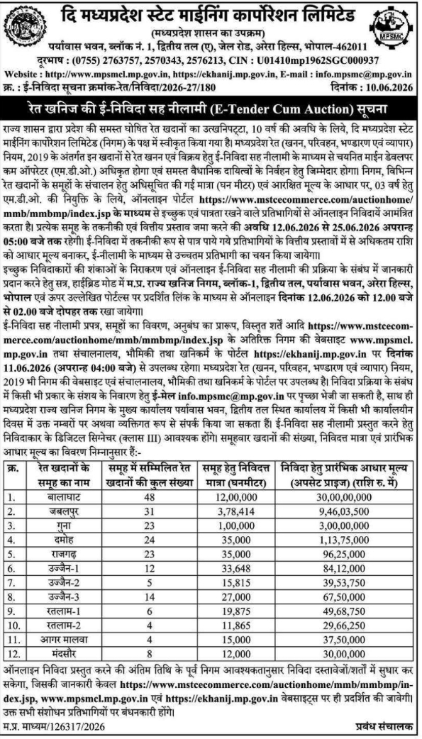 MPSMC Madhya Pradesh Sand Mining E-Tender Cum Auction Notice 2026