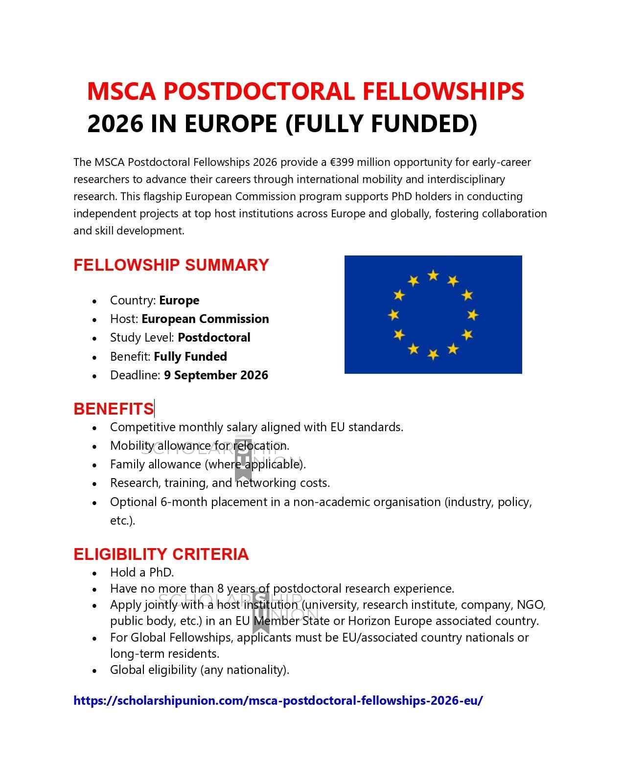MSCA Postdoctoral Fellowships 2026 in Europe