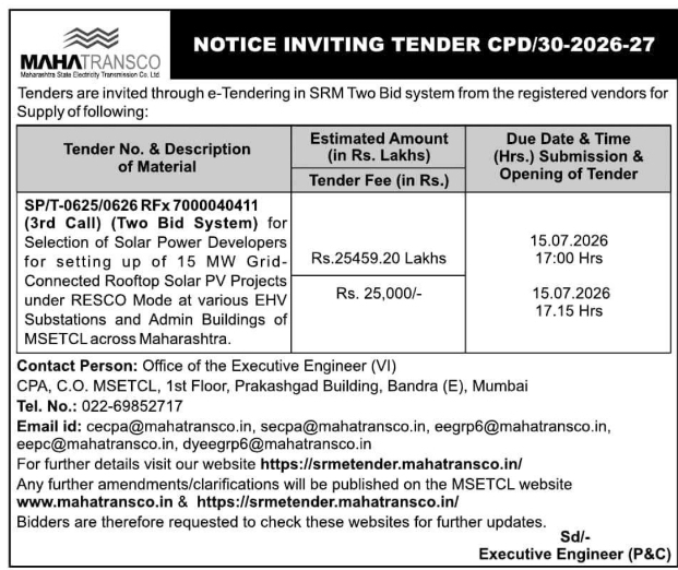 MSETCL e-Tender Notice: 15 MW Grid-Connected Rooftop Solar PV Projects