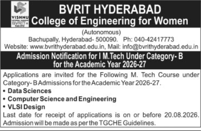 M.Tech Category-B Admission Notification 2026-27 by BVRIT Hyderabad