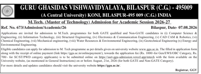 M.Tech Postgraduate Program Admissions Notice by Guru Ghasidas Vishwavidyalaya