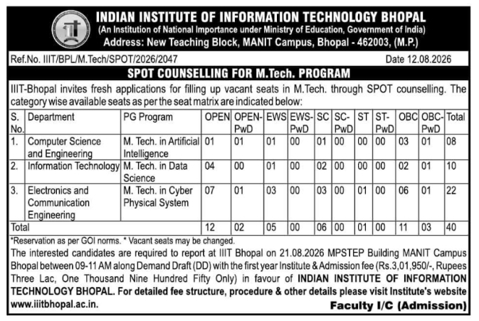 M.Tech Spot Counselling Notice by IIIT Bhopal