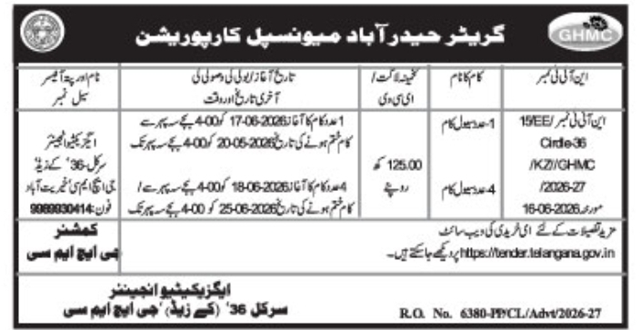 Municipal Civil Works Tender Notice by GHMC Circle-36