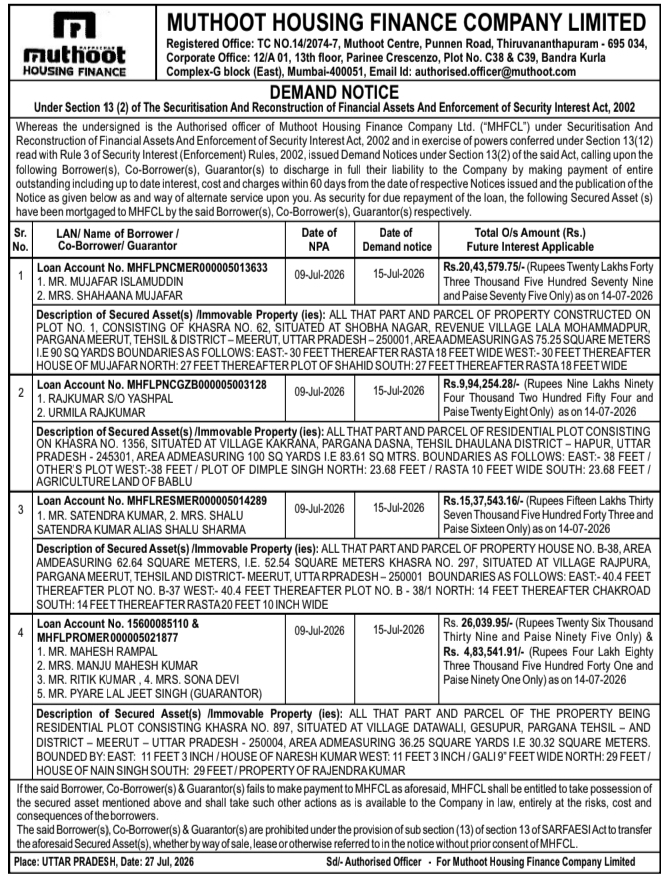 Muthoot Housing Finance Demand Notice for Loan Defaults