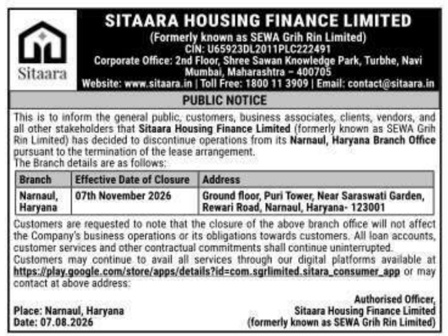 Narnaul Branch Operations Discontinuation Notice by Sitaara Housing Finance