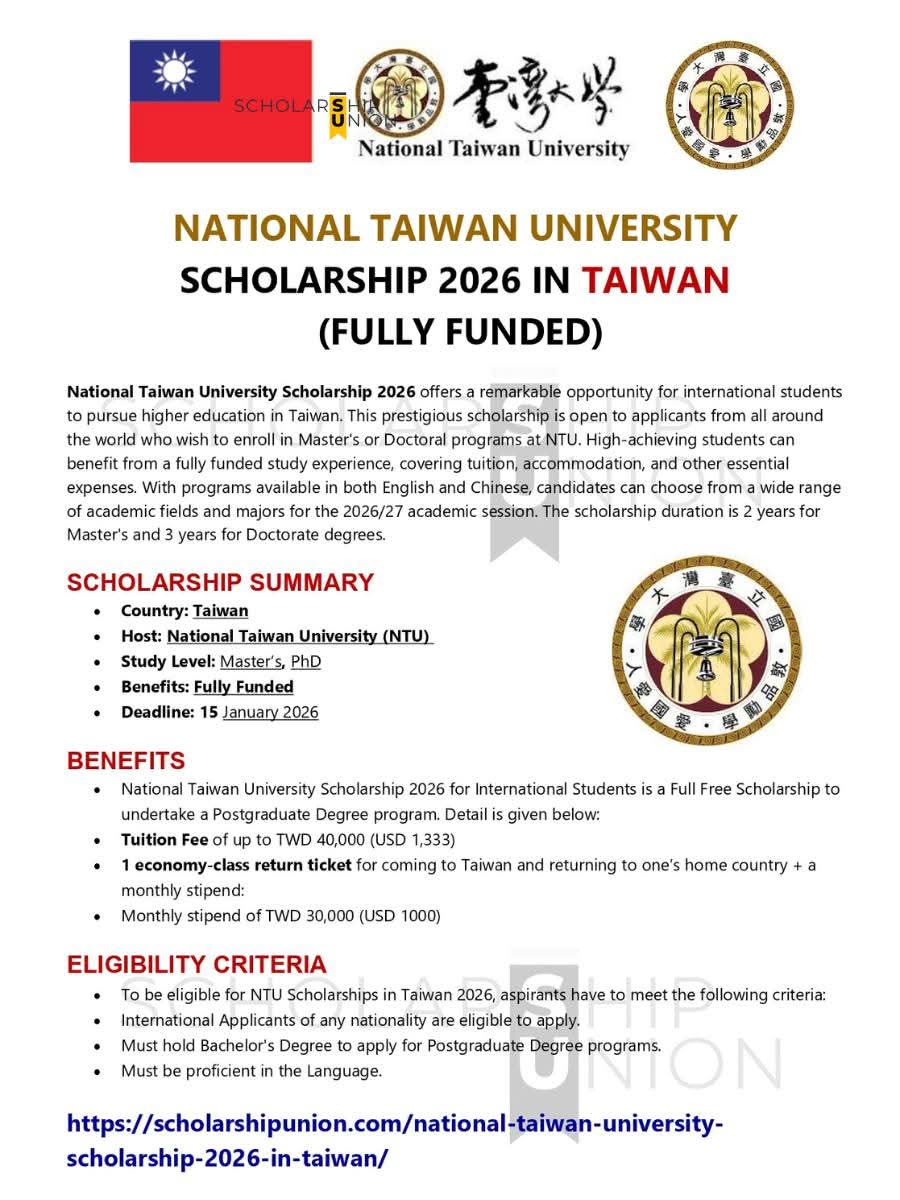 National Taiwan University Scholarship 2026 In Taiwan