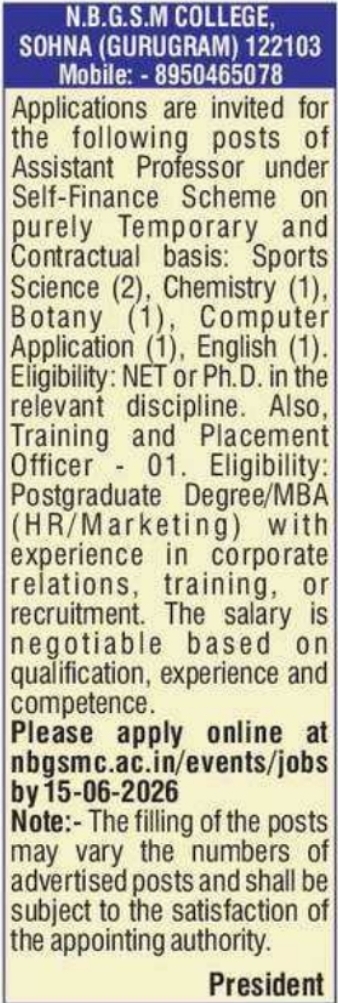 NBGSM College Sohna: Faculty Recruitment 2026