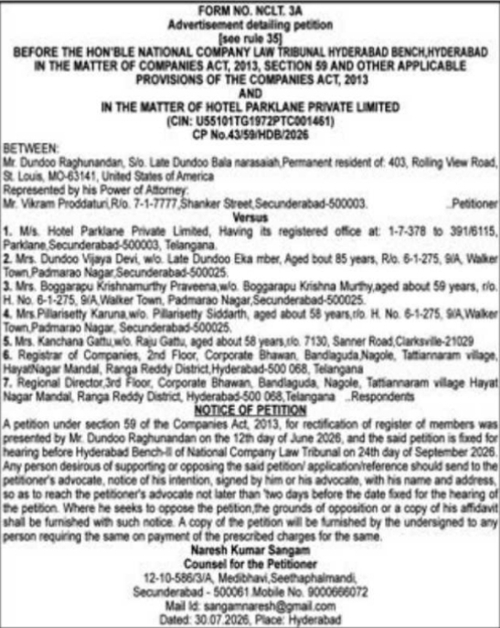 NCLT Hyderabad Bench Hotel Parklane Membership Register Petition