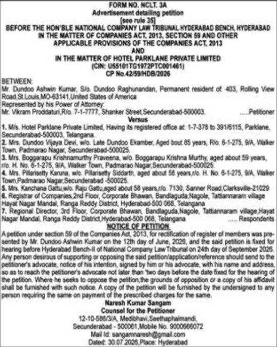 NCLT Hyderabad Bench Hotel Parklane Register Rectification Petition