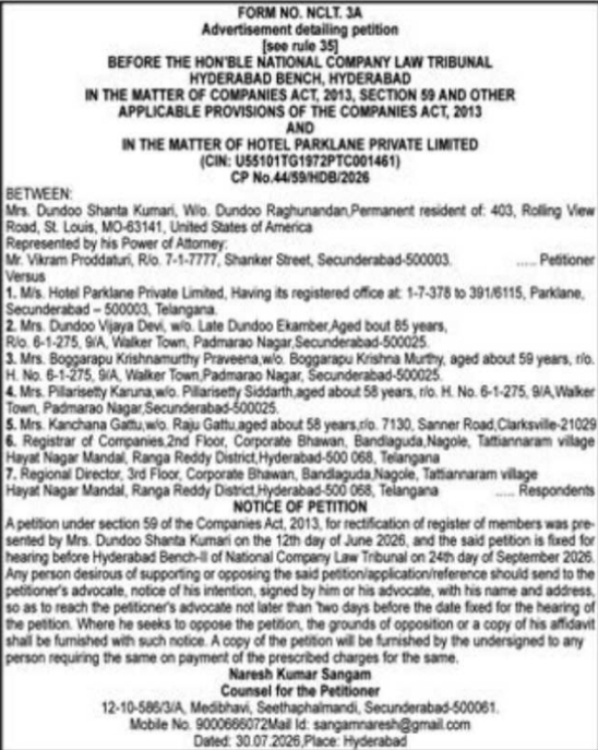 NCLT Hyderabad Bench Hotel Parklane Share Rectification Petition