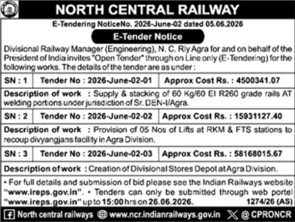 NCR Agra: Railway Infrastructure E-Tenders
