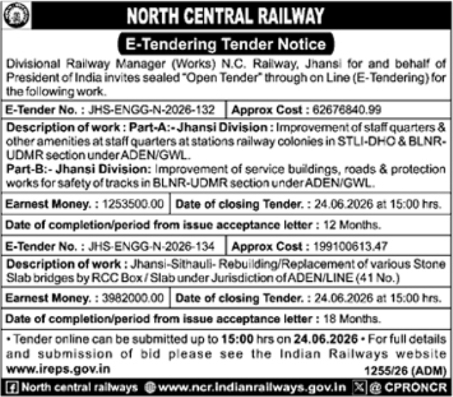 NCR Jhansi: Civil Engineering and Bridge Works E-Tenders